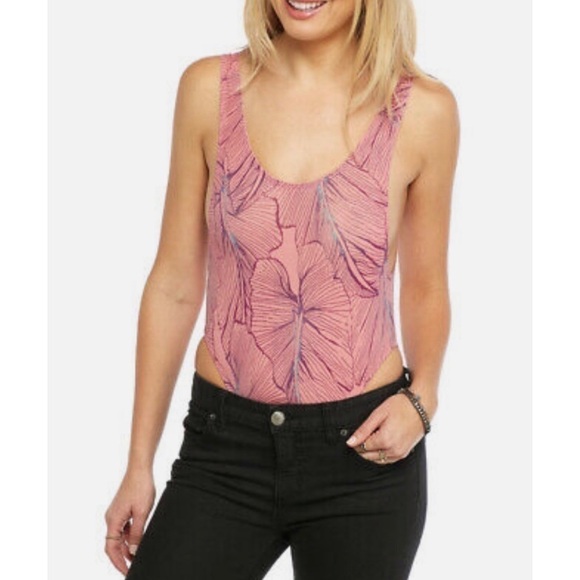 Free People Ready For The Weekend pink palm bodysuit medium scoop neck - Picture 2 of 9